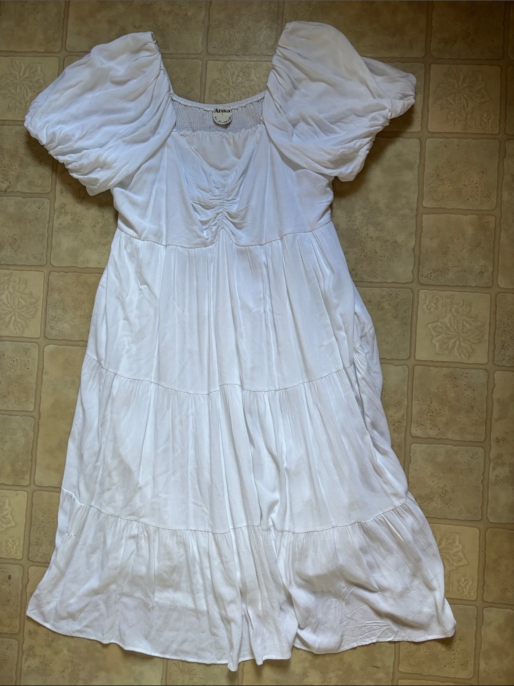 Arula White Puff Sleeve Dress Smocked Back Tiered Size B (2XL) (18/20)